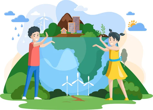 As crianças apontam para o planeta com edifícios e fontes de energia alternativas. Ecossistema verde na Terra — Vetor de Stock