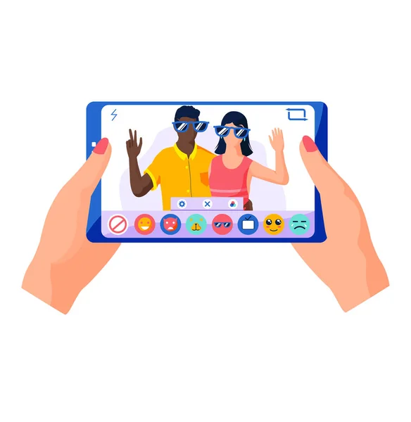 Filtry do selfie screen interface ramka fotograficzna w aplikacji social media ze szczęśliwą parą w okularach — Wektor stockowy