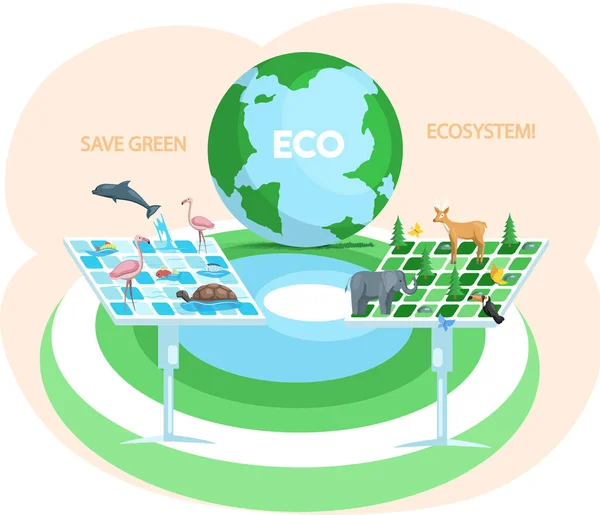 Alternatieve energiebronnen, zonnepanelen met dieren, biodiversiteit. Bespaar ecosysteemconcept — Stockvector