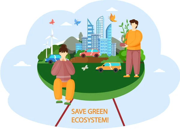 Pessoas no fundo da cidade moderna fornecido com energia alternativa. Salvar ecossistema verde —  Vetores de Stock