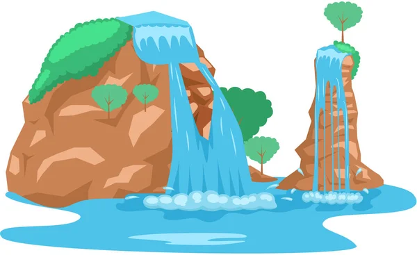 Fallande vatten. Floden vattenfall faller från klippan vit bakgrund. Vattenfall strömmar — Stock vektor