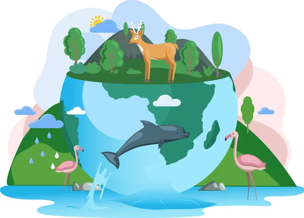 Green ecosystem of Earth. Flamingo, deer and dolphin on planet. Climate and weather change — Stock Vector