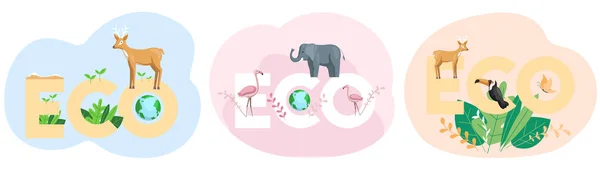 Serie di illustrazioni sull'ecosistema della Terra. Diversi animali, uccelli su sfondo astratto — Vettoriale Stock