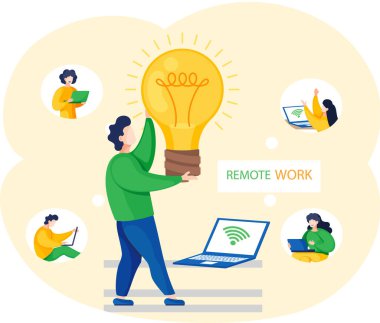 Remote work, video conferencing application. Man with ligth bulb in office communicates via internet