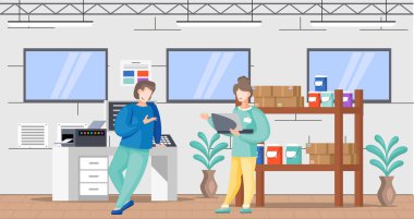 People working in typography at print to printer are communicating. Employees work with equipment