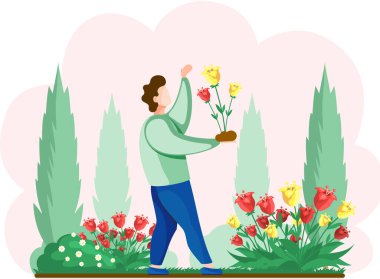 Guy gardening plants on backyard flowers on beautiful flower bed. Organic gardening illustration