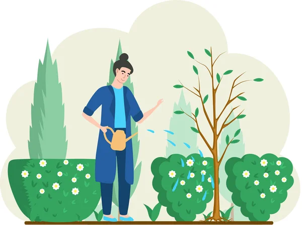 Girl gardening plant. Woman planting tree, pours water from watering can, agriculture gardener hobby — Vector de stock