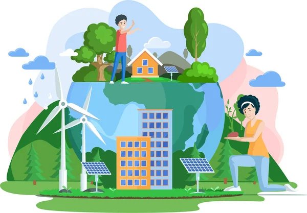 绿色能源和生态友好型。零浪费，想想绿色，拯救地球。绿色生态城市 — 图库矢量图片