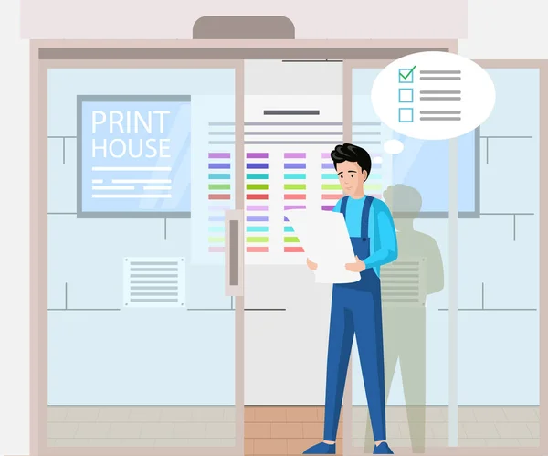 Male employee of printing house analyzes to do list. Man examines work plan of typography — Vetor de Stock