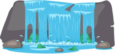 Düşen su. Kayalık beyaz arka plandan nehir şelalesi düşüyor. Su damlaları