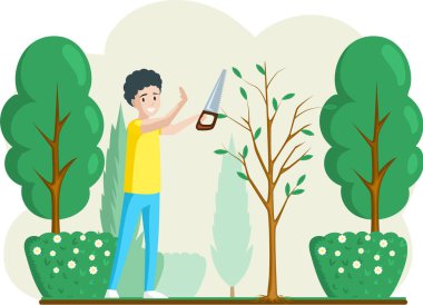 Testereyle bitki kesen bir adam. Profesyonel bahçe işçisi arka bahçede çalılarla ya da ağaçlarla çalışıyor.