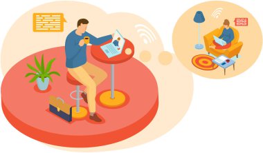 Video konferansı. İnsanlar kahve içiyor ve bilgisayarlarla video bağlantısı kuruyor.