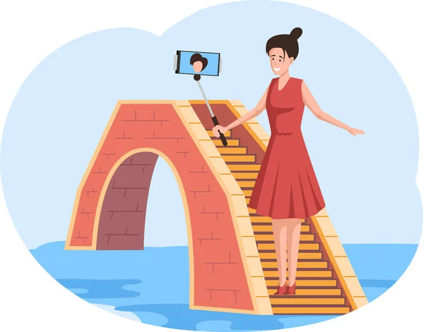 Žena cestovatel stojí na malém kamenném mostě přes řeku přičemž selfie na modré obloze pozadí — Stockový vektor