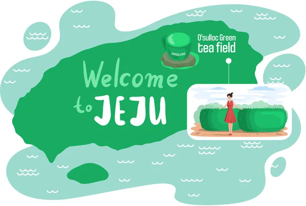 Viajar a Asia por el campo de té osulloc hito en la isla de Jeju. Chica turística en el mapa con la atracción — Archivo Imágenes Vectoriales