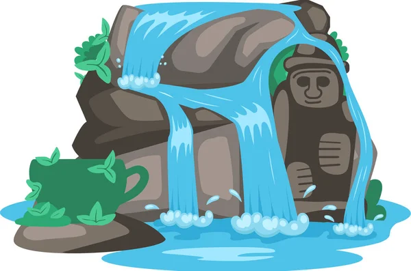 Rock, stone sculptures and tropical waterfall. Simple icon of water falling down from mountain — Stock Vector