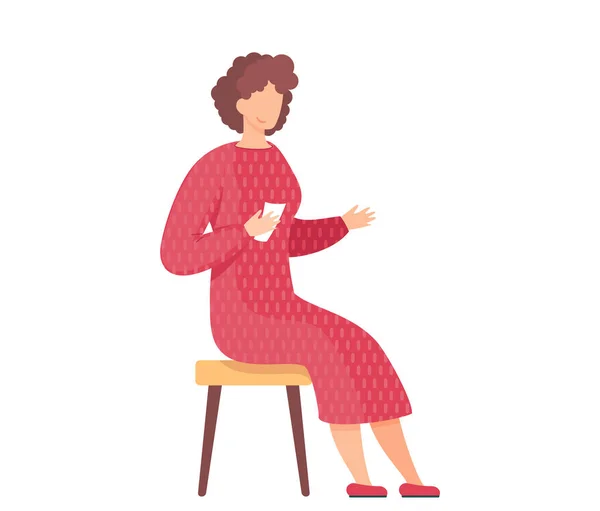 Kobieta siedząca na krześle i trzymająca kawałek papieru. Kobieta postać w różowej sukience bada karty — Wektor stockowy