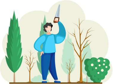 Testereyle bitki kesen bir adam. Profesyonel bahçe işçisi arka bahçede çalılarla ya da ağaçlarla çalışıyor.