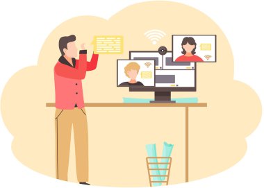 Kadın ve erkek webcam kullanarak internette görüntülü sohbet ediyorlar. Kız ve erkek internet uygulaması ile iletişim kurar