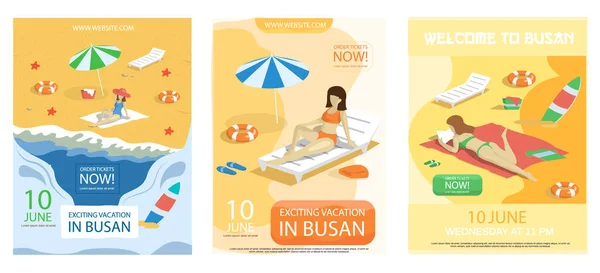 让人兴奋的是在釜山度假的旅游海报，海报上贴着人们在沙滩上晒太阳的照片 — 图库矢量图片