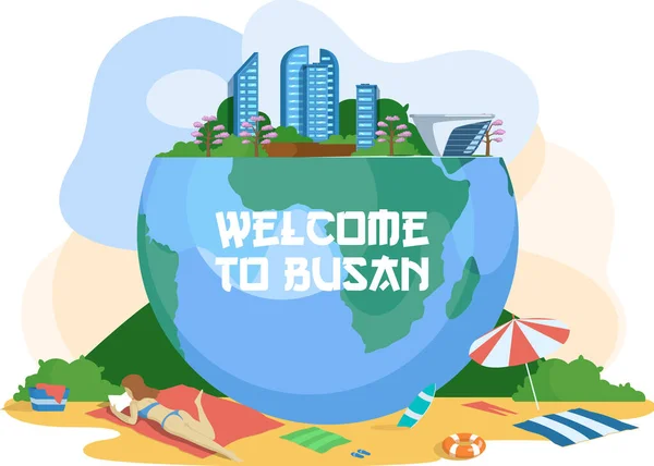 Üdvözöljük a Busan turisztikai utazás promóciós poszter tiszta ökológia a városban, gyönyörű tengerpartok — Stock Vector