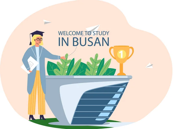 Welcome to study in Busan city educational agency promotion poster with female student in hat — Stock Vector