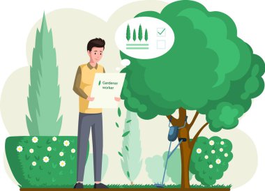 Bahçıvan peyzaj tasarımcısı erkek karakter bahçede elinde planla dikiliyor.