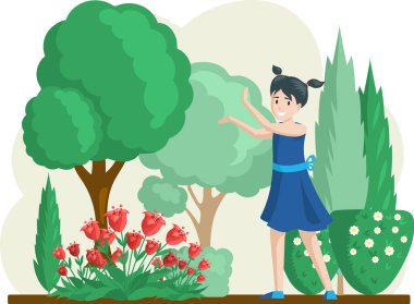 Arka bahçedeki çiçeklerin üzerinde çiçeklerle bahçeyle uğraşan güzel bir kız. Organik bahçıvanlık illüstrasyonu