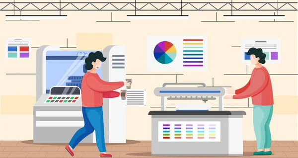 Les employés de l'imprimerie travaillant avec la machine dans l'imprimerie font une pause et boivent du café — Image vectorielle