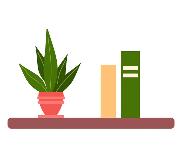 Estantería con libros y macetas para el interior de la habitación. Estante de pared, jarrón con homeplant en blanco — Vector de stock