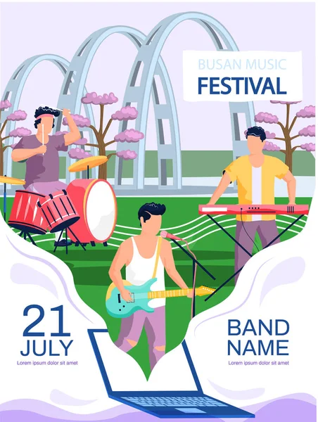 Concerto ao ar livre no festival de música de verão ao ar livre na cidade sul-coreana banner promocional Busan — Vetor de Stock