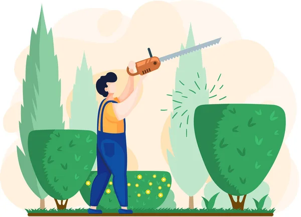 Gardener works in garden cartoon worker with saw trimming green tree and shrub with power tool — Stock Vector