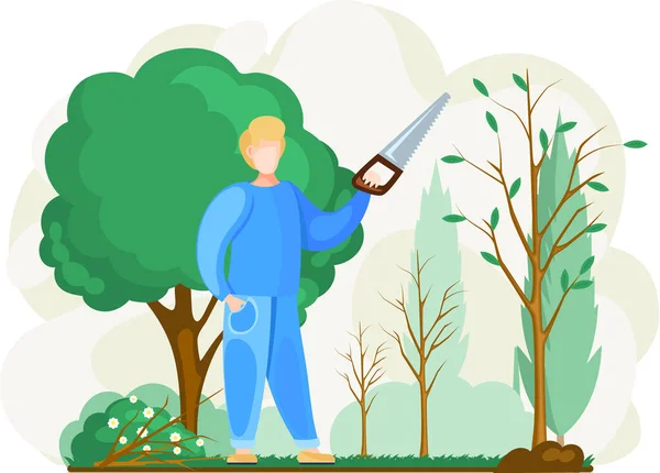 Man sawing plant with hand saw. Professional garden worker working with bush or tree in backyard — Stock Vector