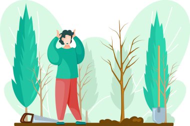 Elinde bahçe aletleri olan bir adam elleriyle başını tutuyor. İnsan fideleri toprağa gömer.