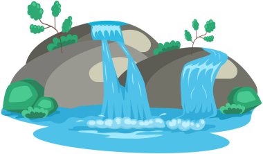 Düşen su. Kayalık beyaz arka plandan nehir şelalesi düşüyor. Su damlaları