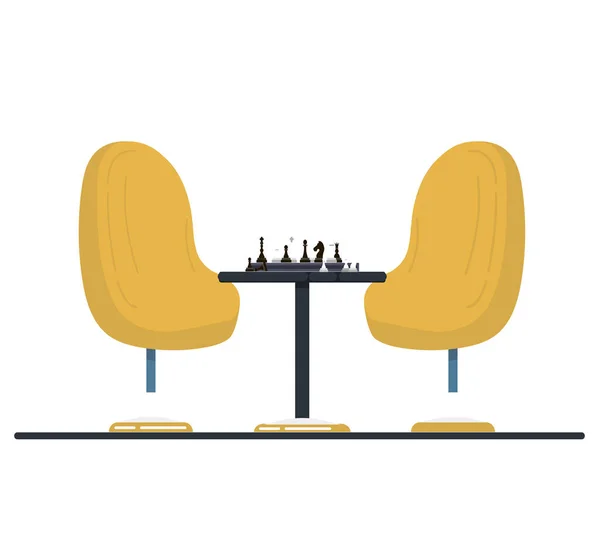 Accessoires, table avec échiquier et chaises confortables. Jeu de logique pour intellectuels et amateurs — Image vectorielle