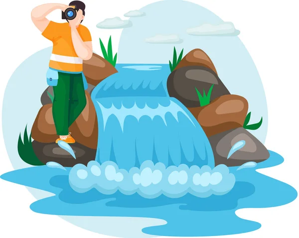 Vízesés a hegyekben természeti táj a parkban. Ember fényképezés víz áramlását esik le a hegyről — Stock Vector