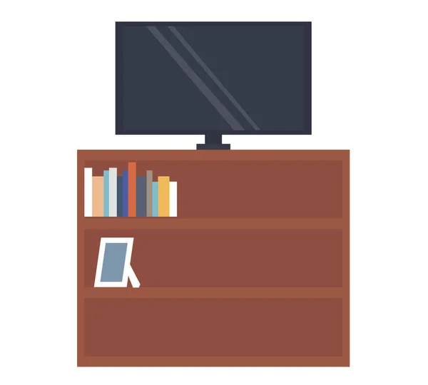 Téléviseur moniteur debout sur la commode avec des livres sur l'étagère. Écran de télévision sur commode en bois — Image vectorielle