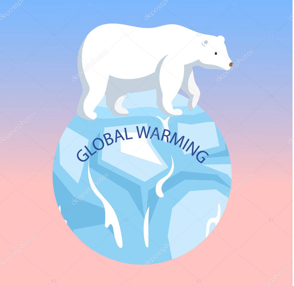 Animals during global warming, climate change concept. Polar bear standing on planet Earth