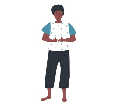 Afro-Amerikalı kız duruyor ve tereddüt ediyor. Utangaç kadın karakter utangaç bir şeye bakar.