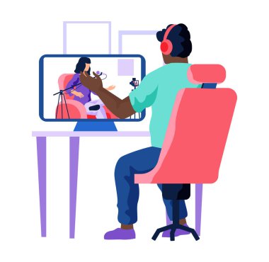 Radyo sunucusu podcast izliyor, medyada yayın yapıyor. Adam canlı kayıt ile çalışıyor.