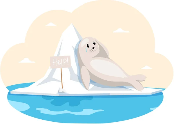 Piccola foca bianca giace su un lastrone di ghiaccio e rilassarsi. Animali selvatici che piangono hanno bisogno di aiuto sul ghiacciaio in antarctica — Vettoriale Stock