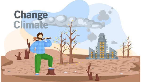 Planète sèche, chaude et vide. Sauver la Terre et le concept de protection de l'environnement. Coupe-bois à hache — Image vectorielle