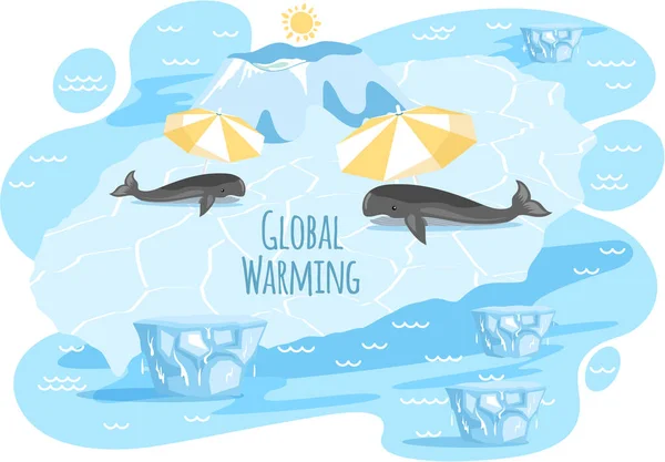 Baleias estão deitadas no gelo perto de letras de inscrição aquecimento global e sofrendo de calor —  Vetores de Stock