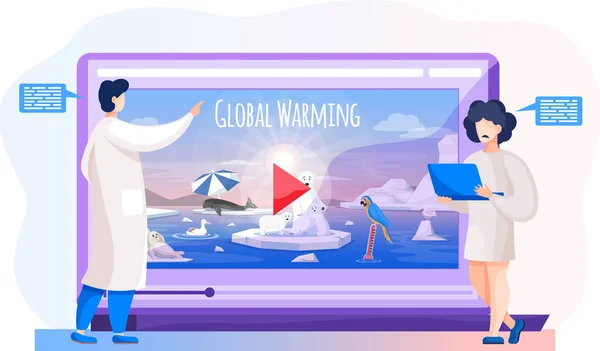 Bilim insanları küresel ısınmayla ilgili videolar izliyorlar. Buzulların erimesinden muzdarip hayvanlar — Stok Vektör
