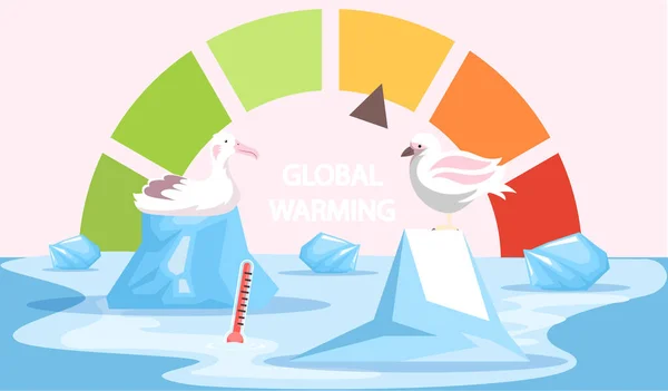 IJsvogels zitten op ijsbergen tijdens de opwarming van de aarde. Indicator van de stijging van de temperatuur — Stockvector