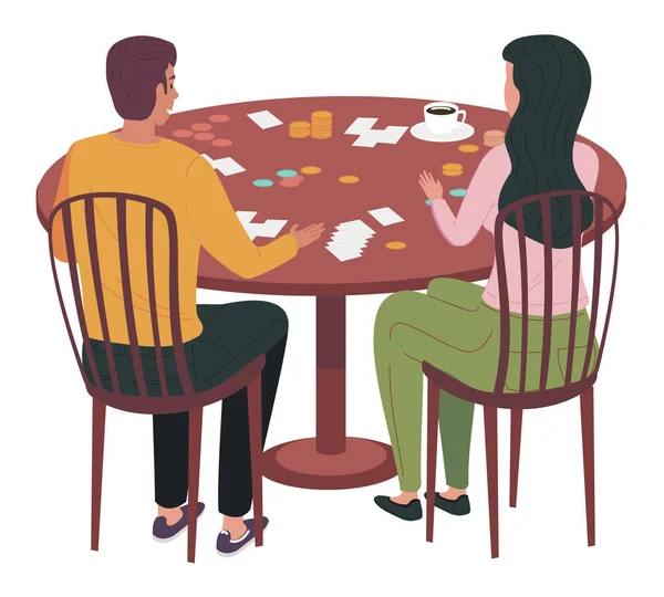 Evdeki masa oyununda oturan çift. Aile çalma işlemi sırasında iletişim kurar — Stok Vektör