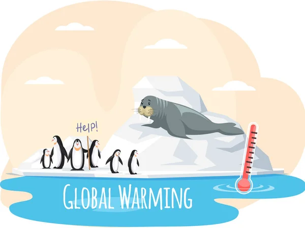 Buzuldaki deniz aygırı iklim değişikliği ve küresel ısınmadan kurtarıldı. Buz kütleli penguenler tabelayı tutmada yardım eder — Stok Vektör