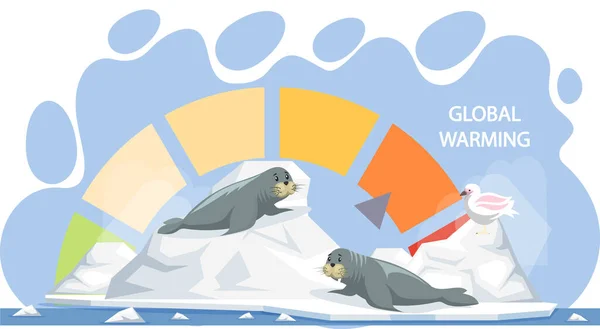 Morsas y aves polares al derretirse debido al aumento de la temperatura del témpano de hielo. Indicador de calentamiento global — Vector de stock