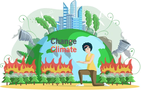 Změna klimatu ekologický koncept s hořícím jehličnatým lesem na dálku, oheň ničí rostliny — Stockový vektor