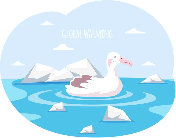 O pássaro está triste com as mudanças climáticas e o aquecimento global. Gaivota polar nada no oceano entre os bancos de gelo —  Vetores de Stock